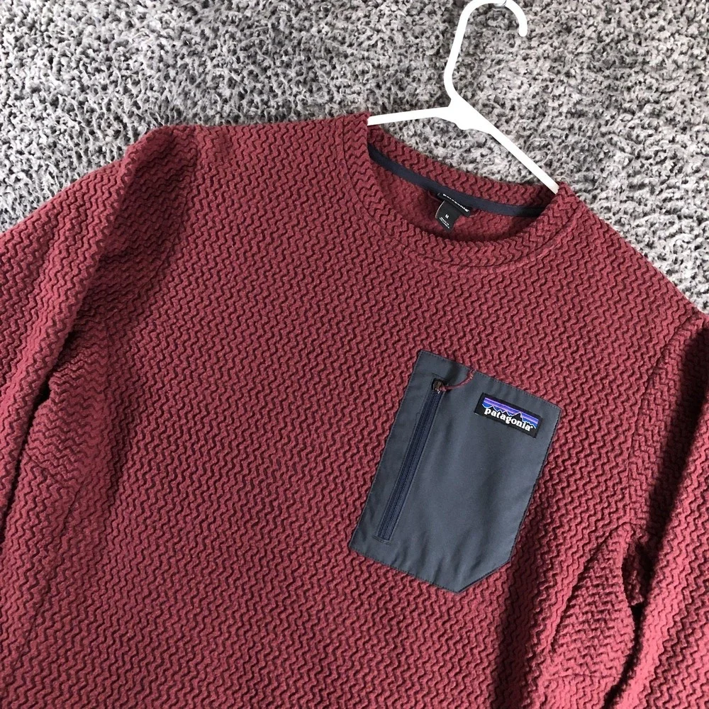Patagonia Pullover Mens Medium Red Textured Fleece Crew Neck Chest Pocket Hiking